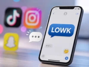 LOWK meaning displayed in a text message on a smartphone with social media apps representing modern internet slang and texting abbreviations.