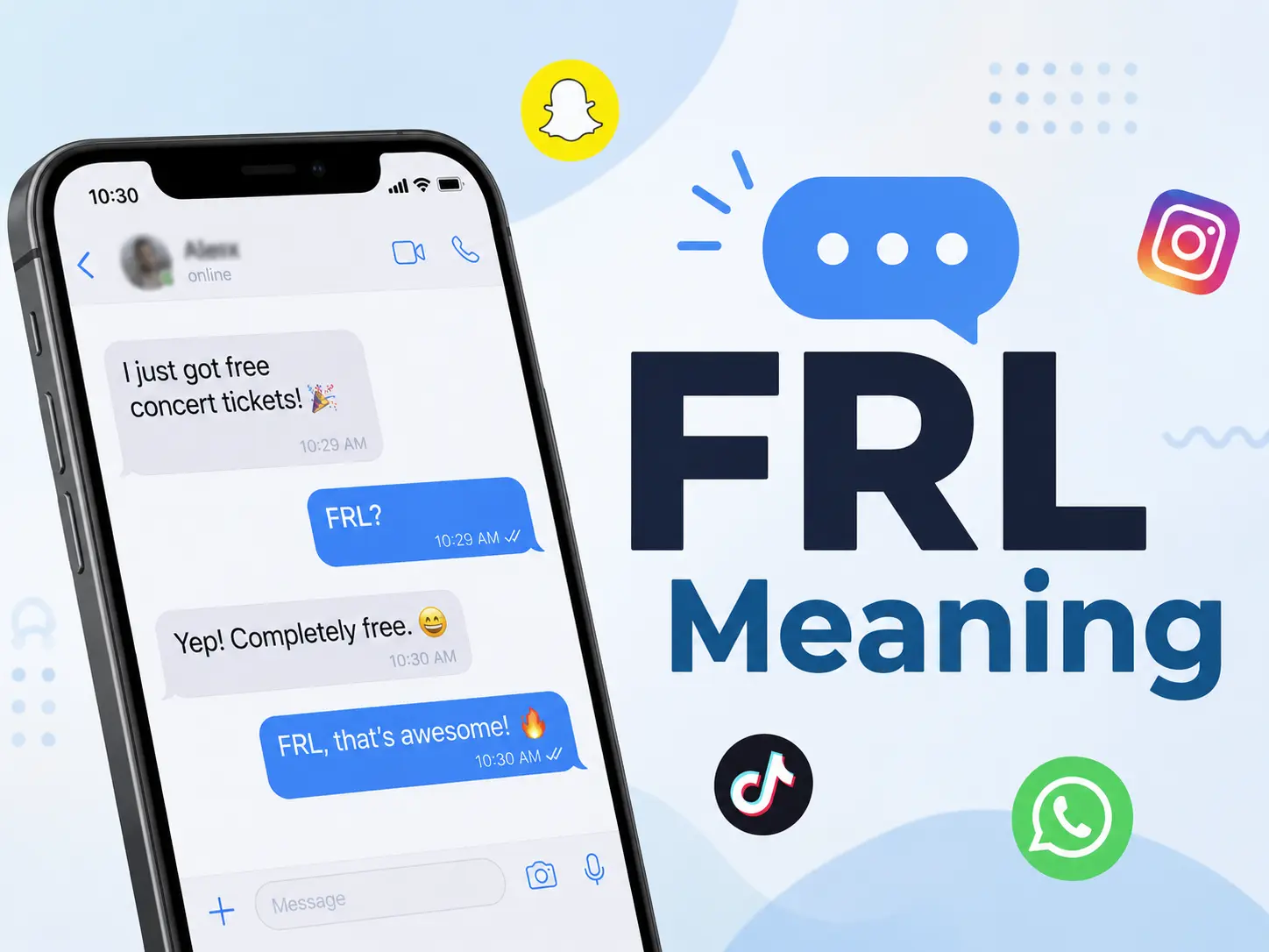 FRL Meaning featured image with a smartphone chat showing FRL in a text conversation and social media icons