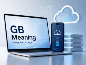 Professional technology image showing a laptop, smartphone, cloud storage icon, and data servers with the text “GB Meaning: Storage, Data & Usage.”