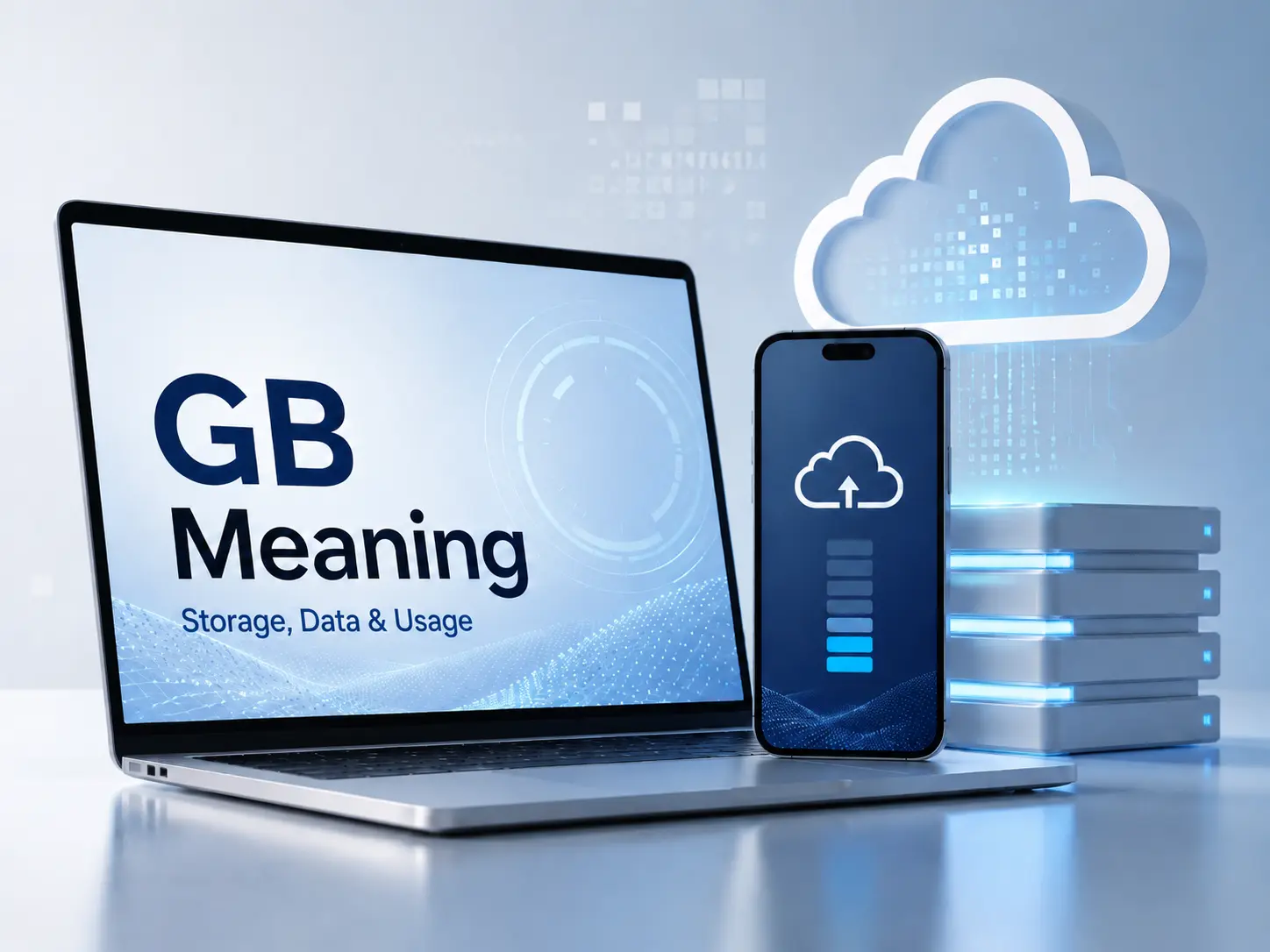 Professional technology image showing a laptop, smartphone, cloud storage icon, and data servers with the text “GB Meaning: Storage, Data & Usage.”