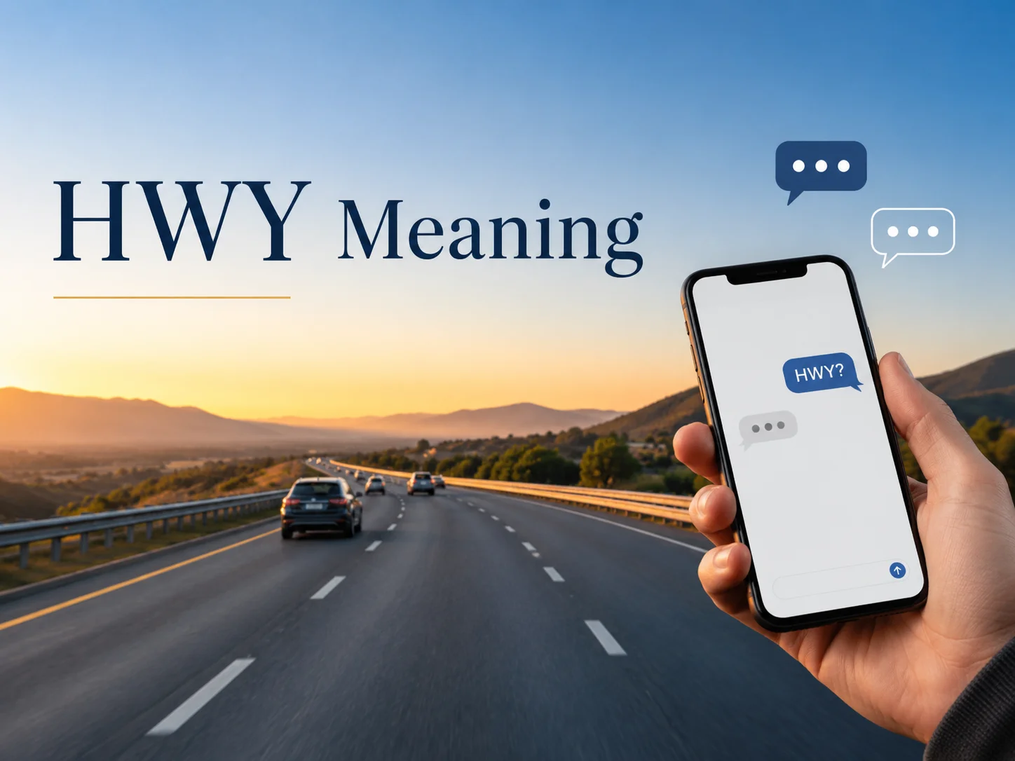 Featured blog image showing a scenic highway at sunset with a smartphone displaying “HWY?” in a chat bubble, alongside the title “HWY Meaning.”