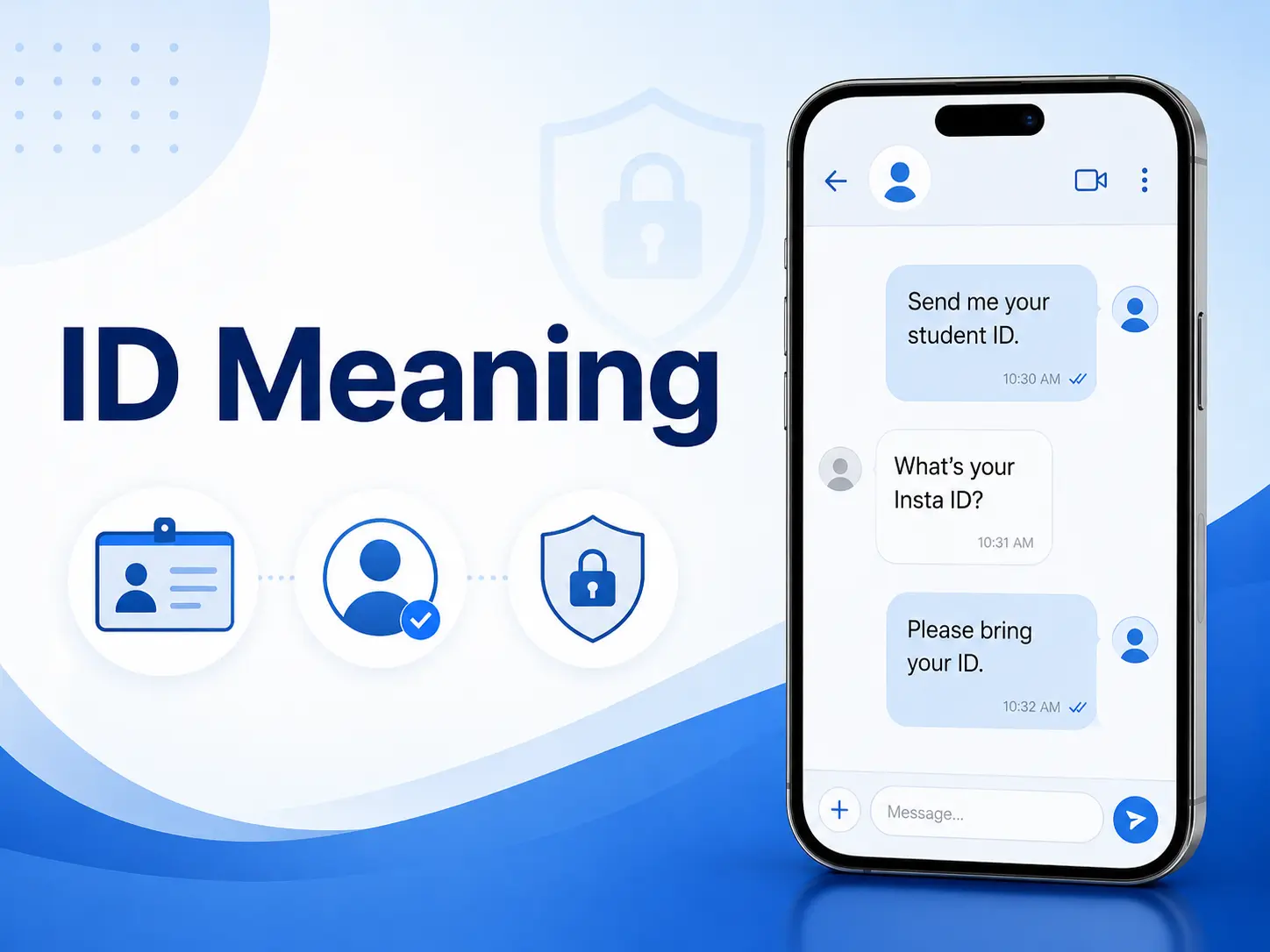 ID Meaning featured image with a smartphone chat screen, ID card icons, security symbols, and a clean blue-and-white professional blog background.