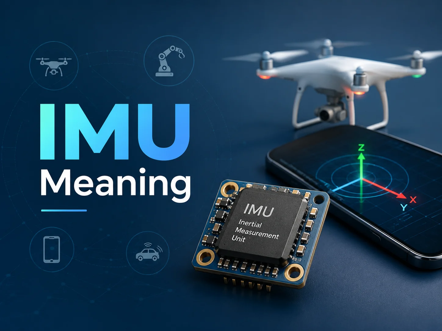 Professional tech blog featured image showing “IMU Meaning” with an IMU sensor chip, smartphone motion axis display, drone, and technology icons on a dark blue background.