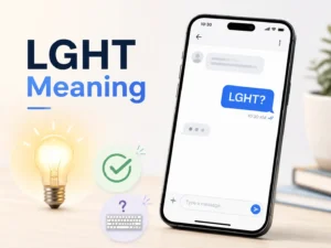 LGHT Meaning featured image showing a smartphone message with “LGHT?” beside light, confirmation, and typing-confusion icons.