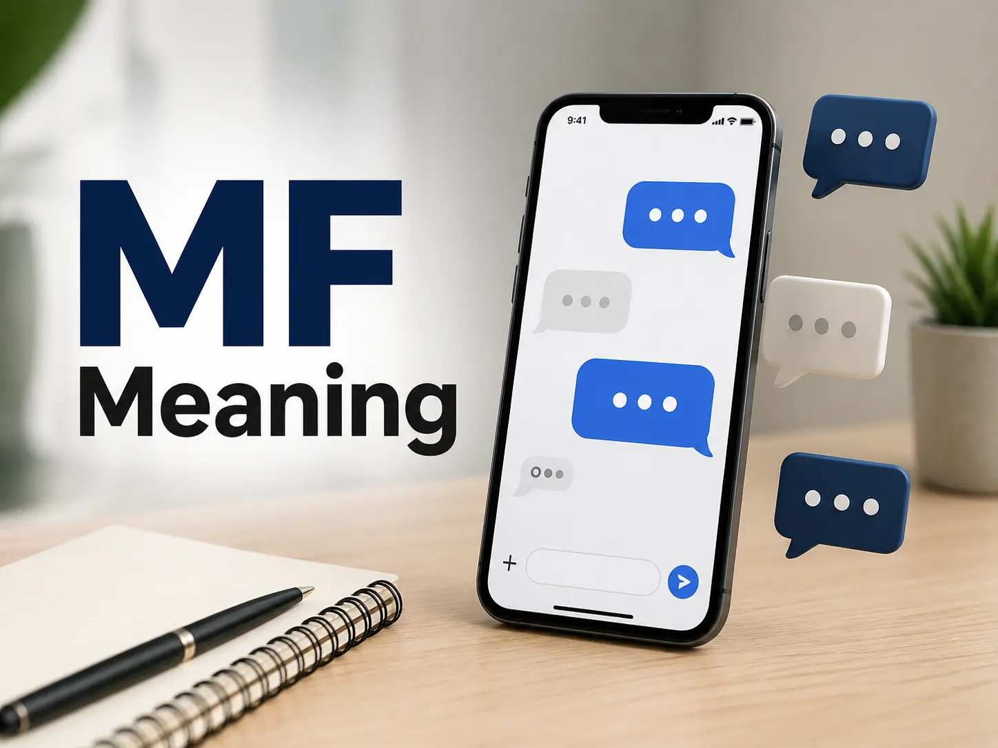 A professional blog graphic featuring a smartphone with chat bubbles, a notebook and pen on a desk, and bold text reading “MF Meaning.”