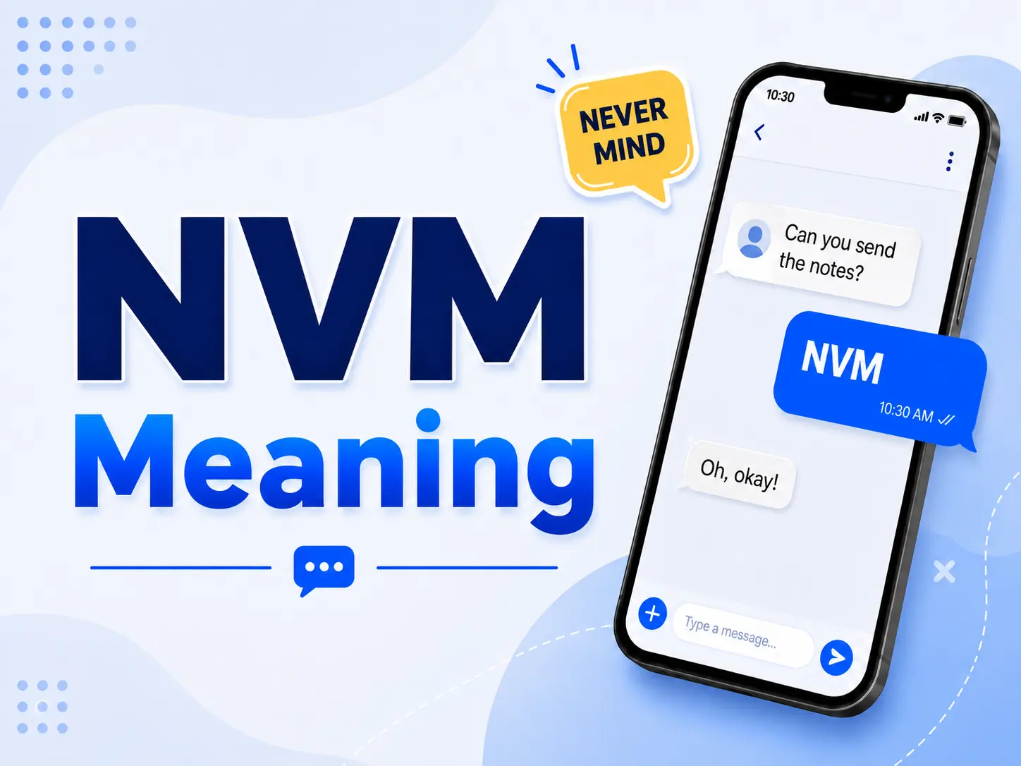 NVM Meaning featured image with large blue text, a smartphone chat showing “Can you send the notes?”, “NVM,” and “Oh, okay!”, plus a yellow “Never Mind” speech bubble on a clean blue-and-white background.