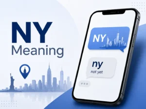 Professional blog graphic showing “NY Meaning” beside a smartphone with chat bubbles explaining NY as New York and lowercase ny as “not yet,” with a subtle New York skyline in the background.