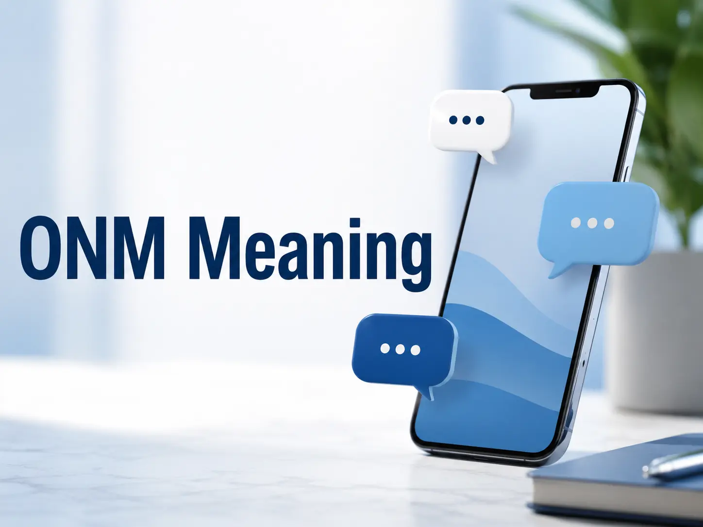 Professional featured image showing a smartphone with blue chat bubbles and the bold text “ONM Meaning” on a clean blue-and-white background.