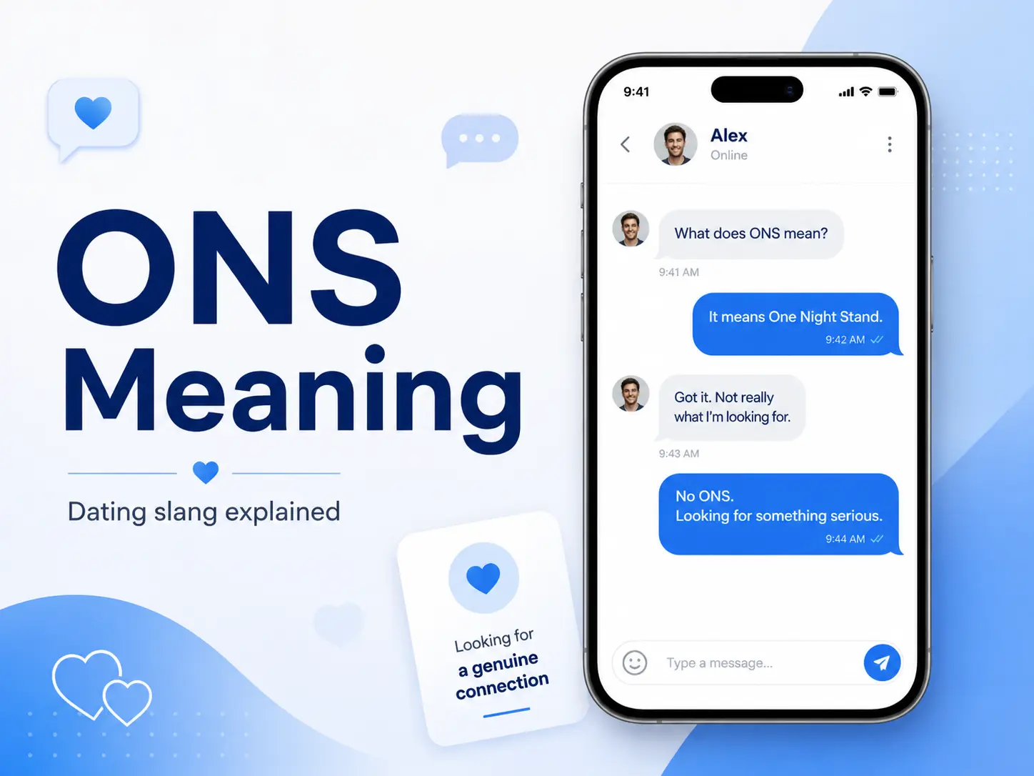 ONS Meaning graphic with a phone chat explaining One Night Stand dating slang and choosing a genuine connection.