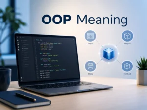 OOP Meaning featured image showing a laptop with programming code and icons representing class, object, data, and method.
