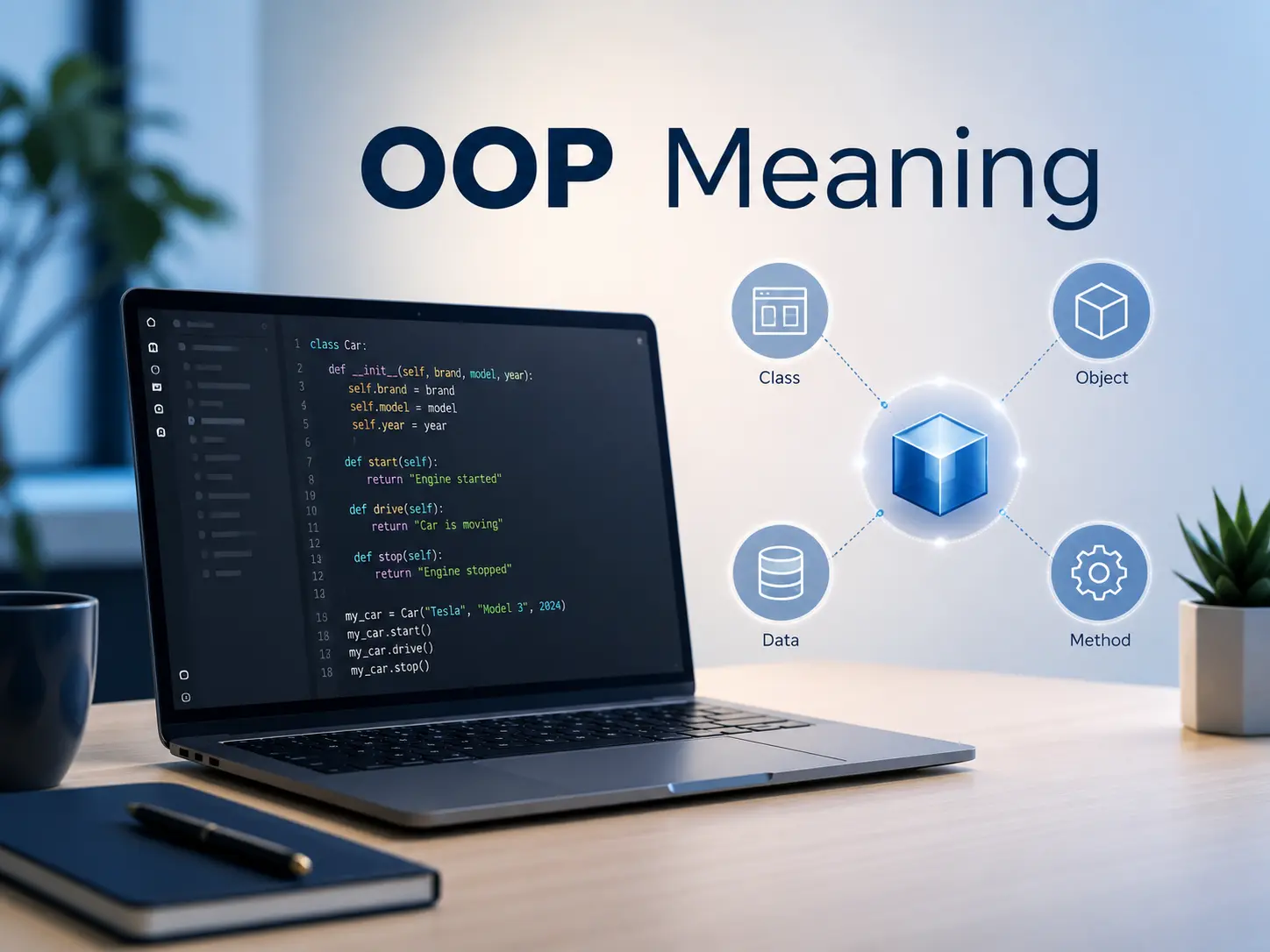 OOP Meaning featured image showing a laptop with programming code and icons representing class, object, data, and method.