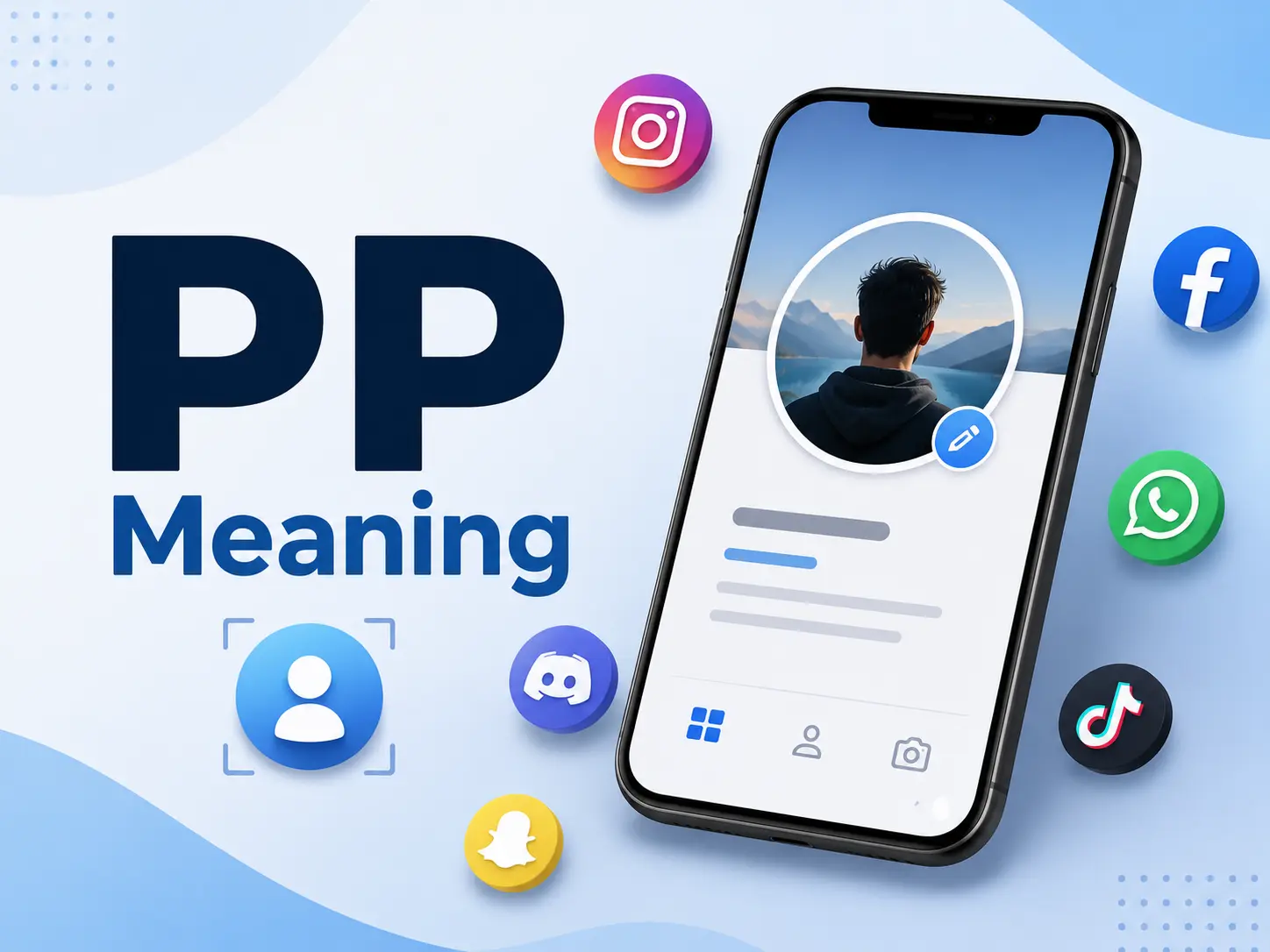 PP Meaning featured image with a smartphone profile picture, avatar icon, and social media app icons