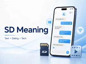 SD Meaning featured image with a smartphone chat conversation, SD card, video icon, and clean blue tech-style blog background.