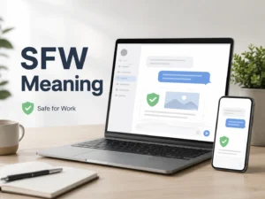 SFW Meaning featured image with a laptop, smartphone, chat messages, and green safety check icons representing Safe for Work content.