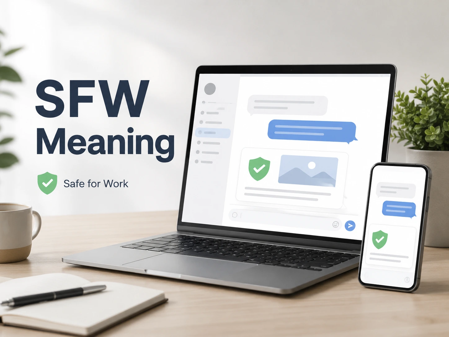 SFW Meaning featured image with a laptop, smartphone, chat messages, and green safety check icons representing Safe for Work content.