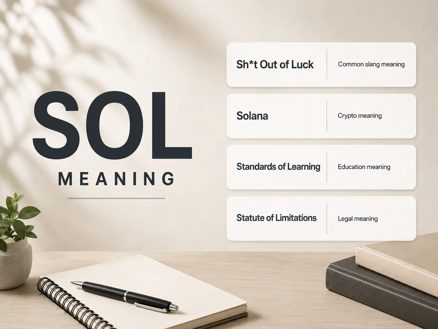 SOL Meaning featured image with bold “SOL Meaning” text, a clean workspace background, and four cards showing common SOL meanings: Sh*t Out of Luck, Solana, Standards of Learning, and Statute of Limitations.