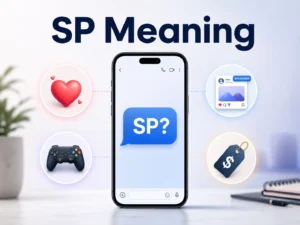 SP Meaning featured image showing a smartphone with “SP?” surrounded by symbols for a special person, gaming, sponsored posts, and selling price.