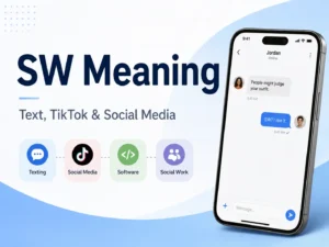 SW Meaning in text, TikTok, social media, software, and social work with a smartphone chat example.