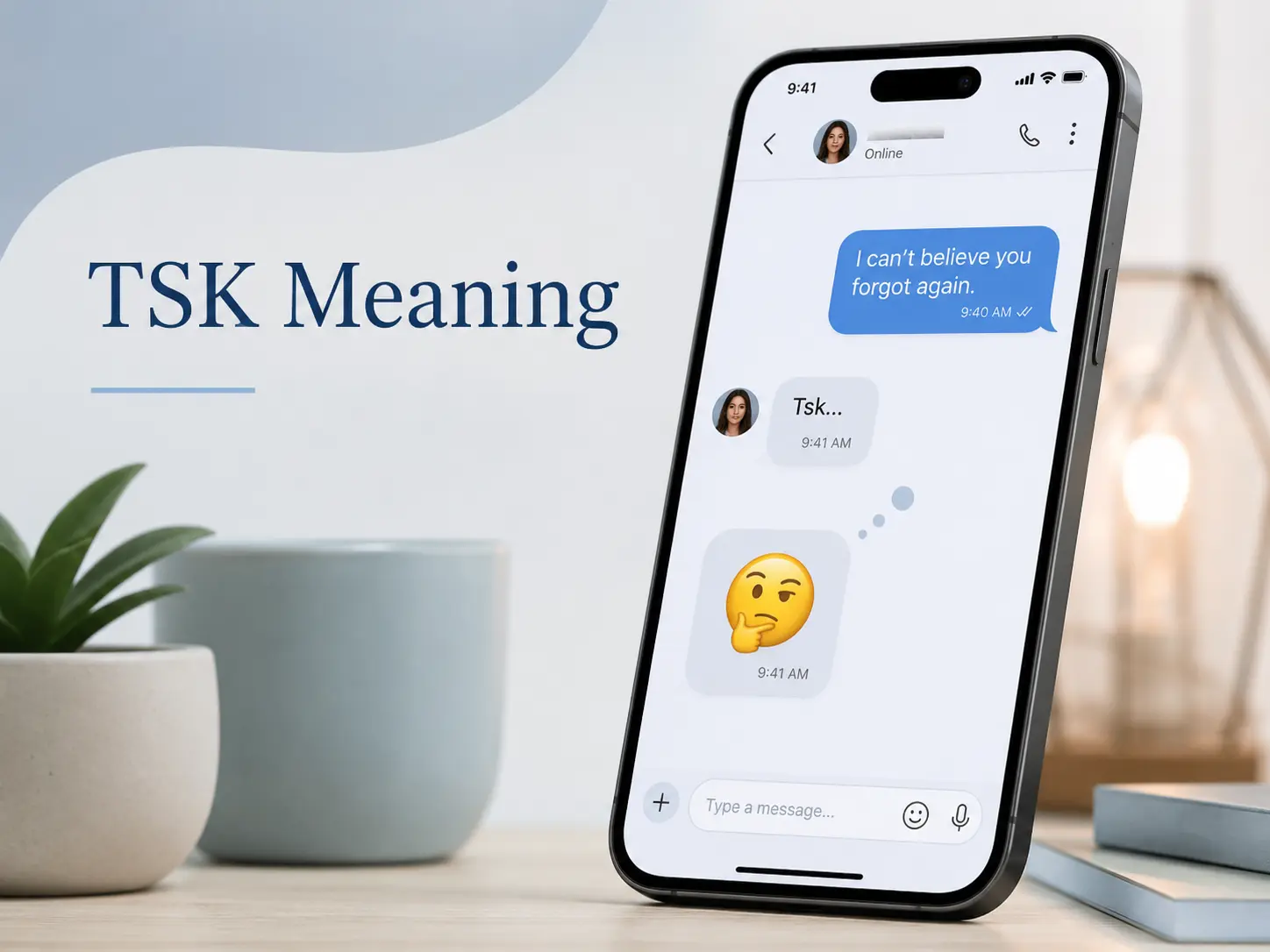 Professional featured image showing a smartphone chat with “Tsk…” as a reaction and the bold text “TSK Meaning” on a clean modern background.