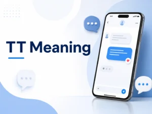 TT Meaning featured image with a smartphone chat screen, simple message bubbles, and a clean blue-and-white professional blog background.