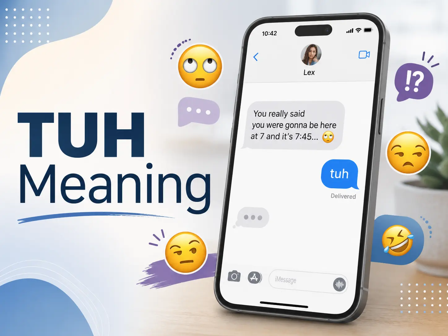 Professional TUH Meaning graphic featuring a smartphone chat with “tuh” as a reply, surrounded by emojis showing sarcasm, disbelief, annoyance, and humor.