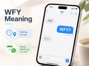 WFY on social media and gaming infographic showing the abbreviation used in private chats, direct messages, story replies, and gaming conversations, with a reminder to check context.