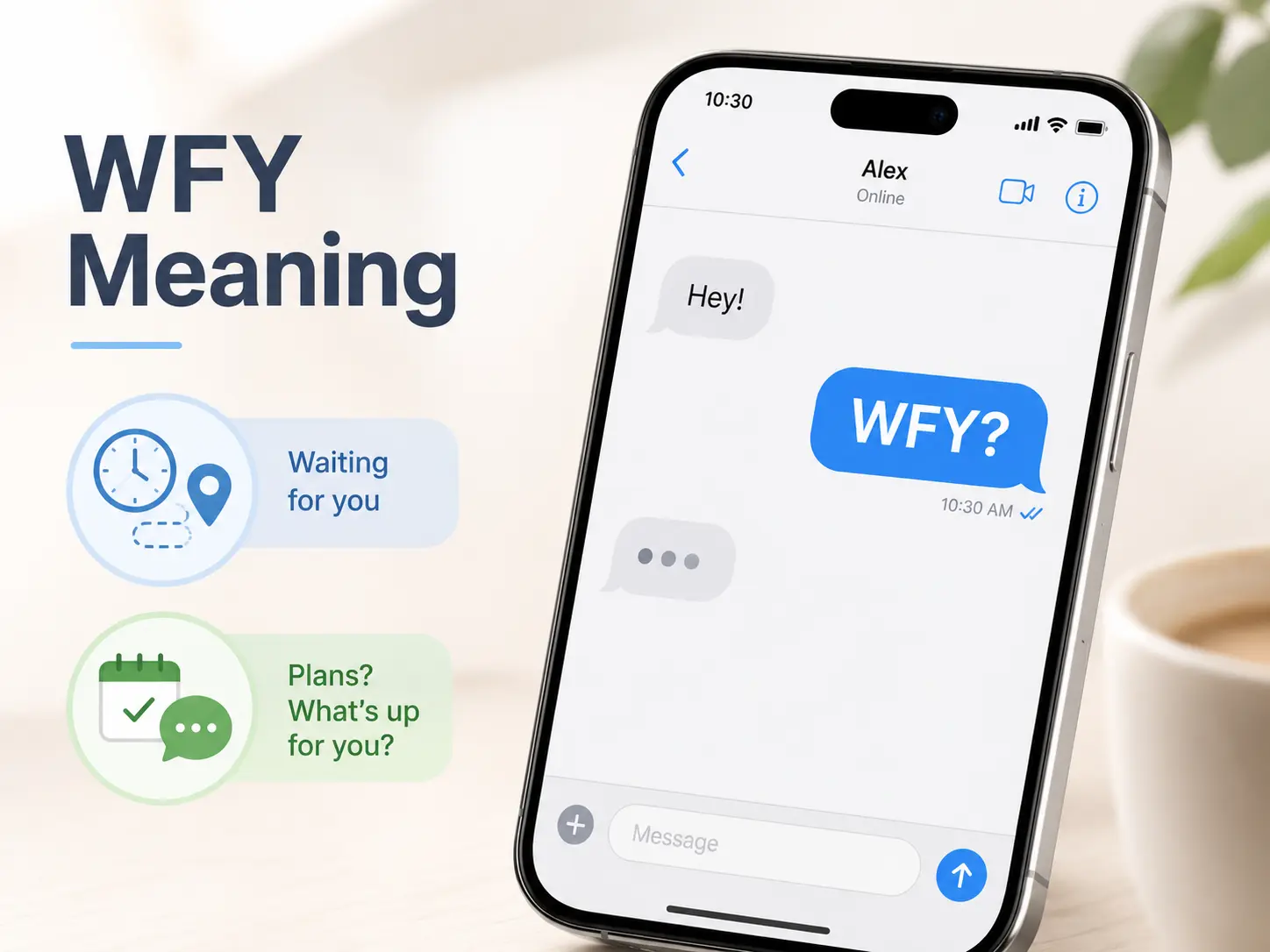 WFY on social media and gaming infographic showing the abbreviation used in private chats, direct messages, story replies, and gaming conversations, with a reminder to check context.