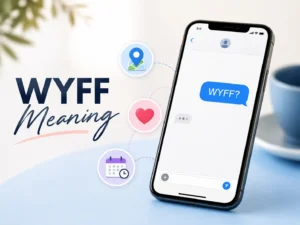 Professional WYFF Meaning graphic featuring a smartphone chat with “WYFF?” and location, heart, and calendar icons representing its different meanings.