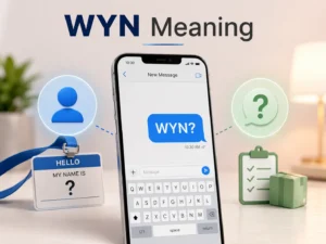 WYN Meaning featured image showing a smartphone message with “WYN?” beside a name badge and request icons representing “What’s Your Name?” and “What You Need?”