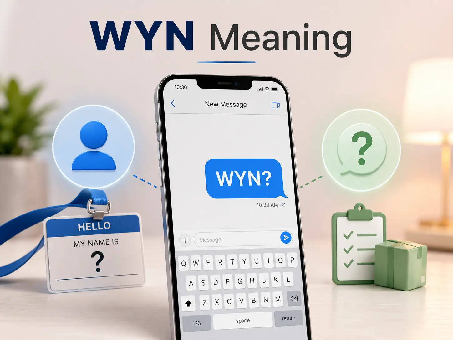 WYN Meaning featured image showing a smartphone message with “WYN?” beside a name badge and request icons representing “What’s Your Name?” and “What You Need?”