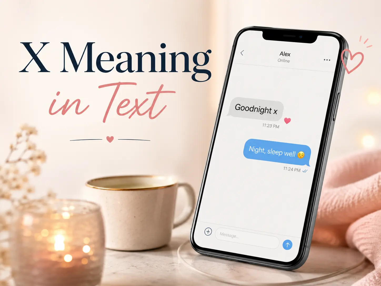 X Meaning in Text featured image showing a smartphone conversation with “Goodnight x,” representing affection, friendliness, and flirting in messages.