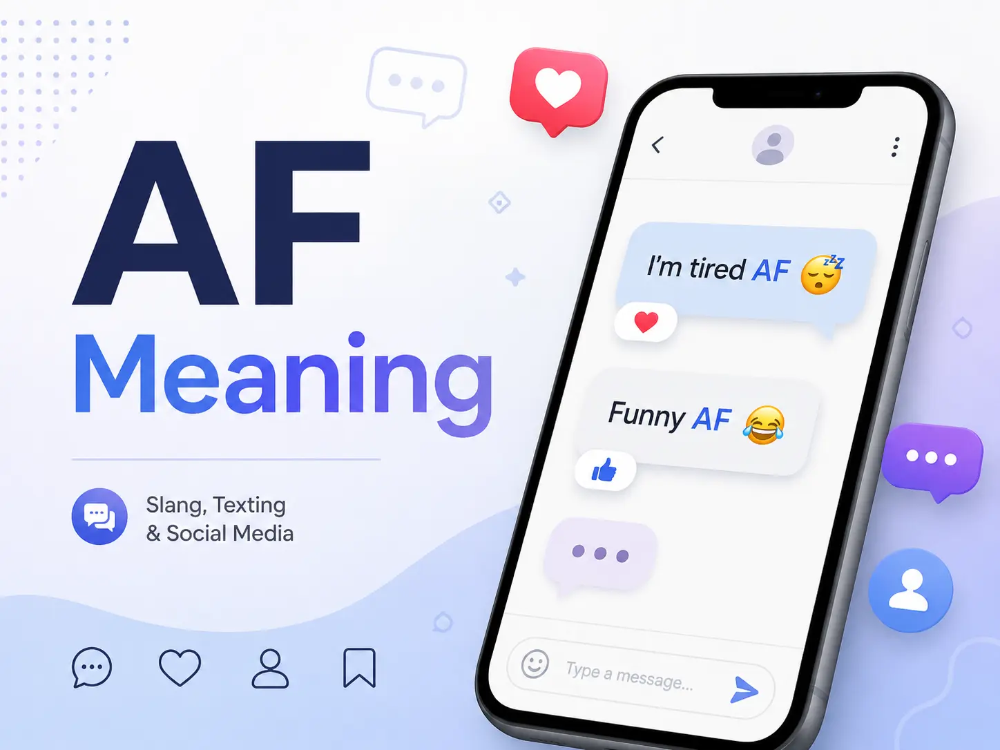 AF Meaning featured image showing a smartphone chat with examples like “I’m tired AF” and “Funny AF” for texting, slang, and social media.