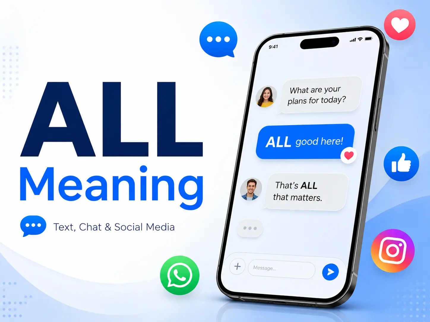 ALL Meaning featured image with smartphone chat messages showing how “ALL” is used for emphasis in text, chat, and social media.