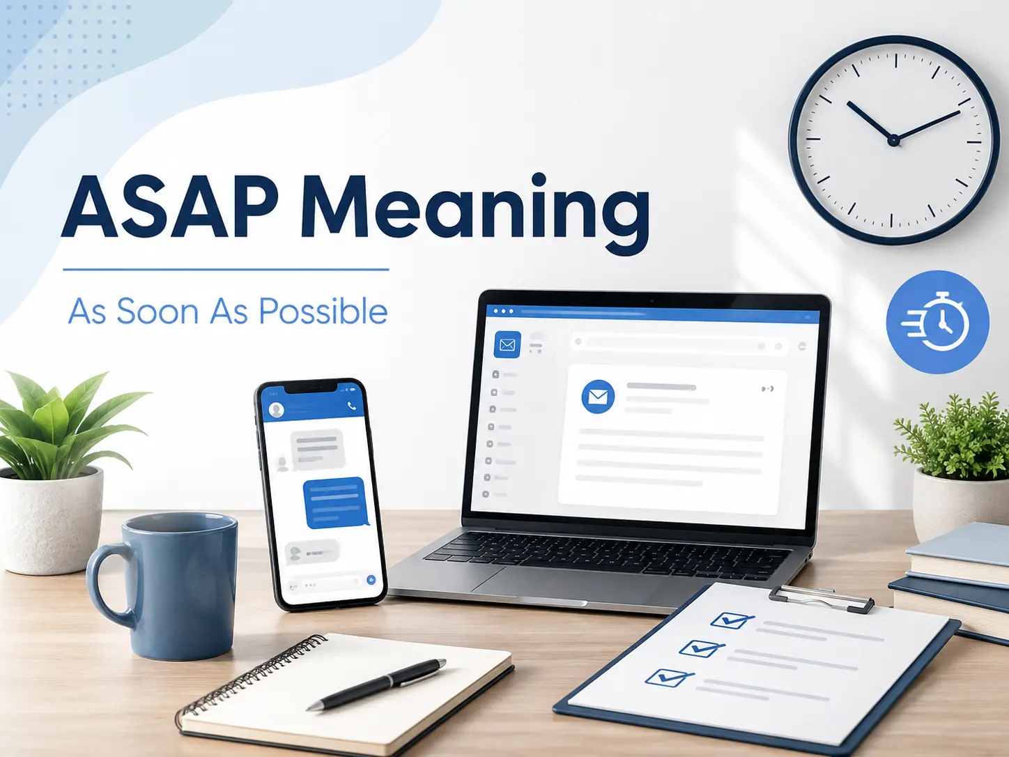 ASAP meaning featured image showing “As Soon As Possible” with a laptop, smartphone, clock, checklist, and professional workspace.