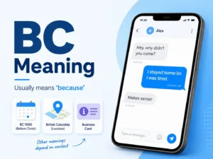 BC Meaning featured image showing BC as “because” in a text conversation, with examples of other context-dependent BC meanings.