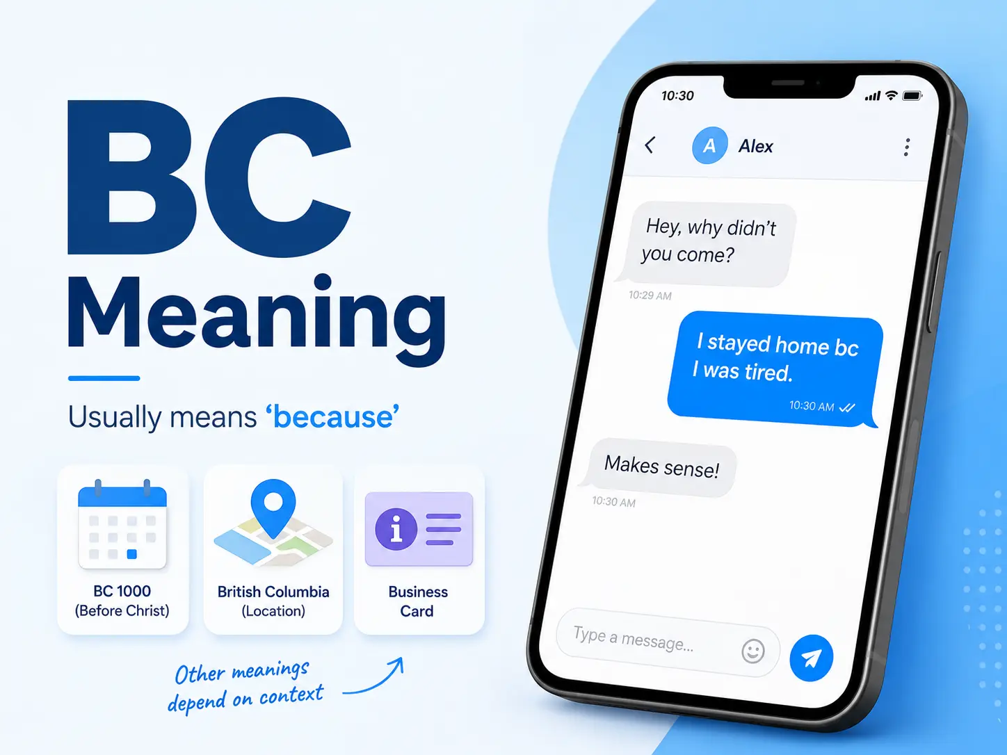 BC Meaning featured image showing BC as “because” in a text conversation, with examples of other context-dependent BC meanings.