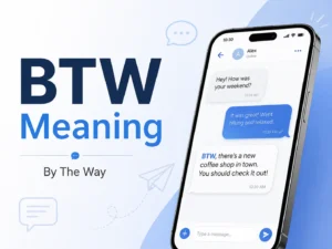 BTW Meaning featured image showing “By The Way” with a smartphone chat conversation using BTW in a text message.