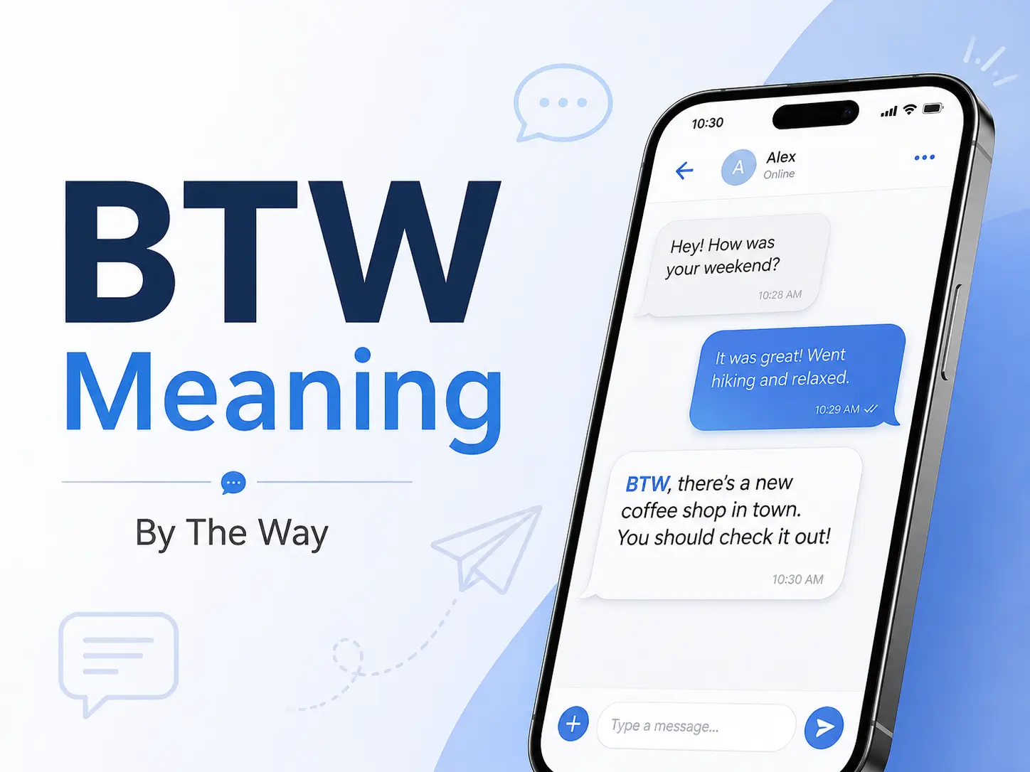 BTW Meaning featured image showing “By The Way” with a smartphone chat conversation using BTW in a text message.