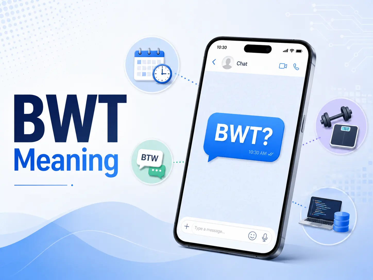 BWT Meaning featured image showing a smartphone message with “BWT?” alongside icons for timing, a possible BTW typo, body weight in fitness, and a technical computer-science meaning.