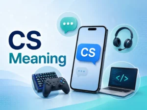 Professional CS Meaning graphic featuring a smartphone, chat bubble, customer service headset, gaming controller, keyboard, and coding laptop.