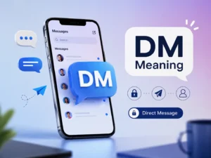 Featured image for DM meaning showing a smartphone inbox, private message icons, and “DM Meaning” with “Direct Message” explained visually.