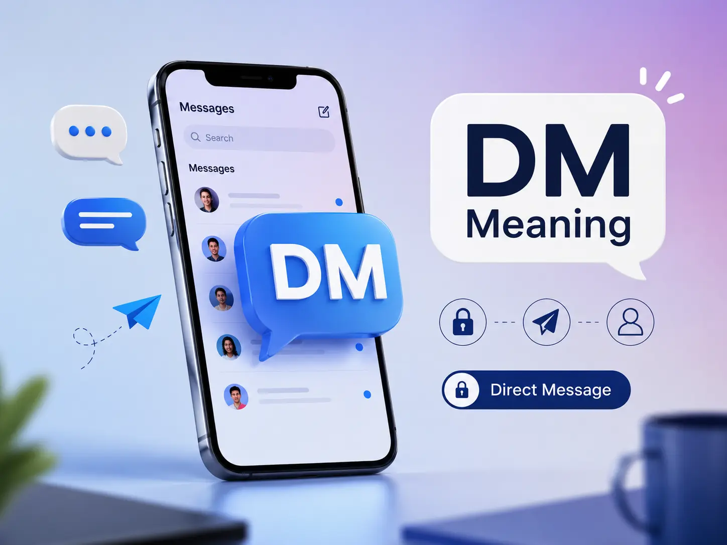 Featured image for DM meaning showing a smartphone inbox, private message icons, and “DM Meaning” with “Direct Message” explained visually.