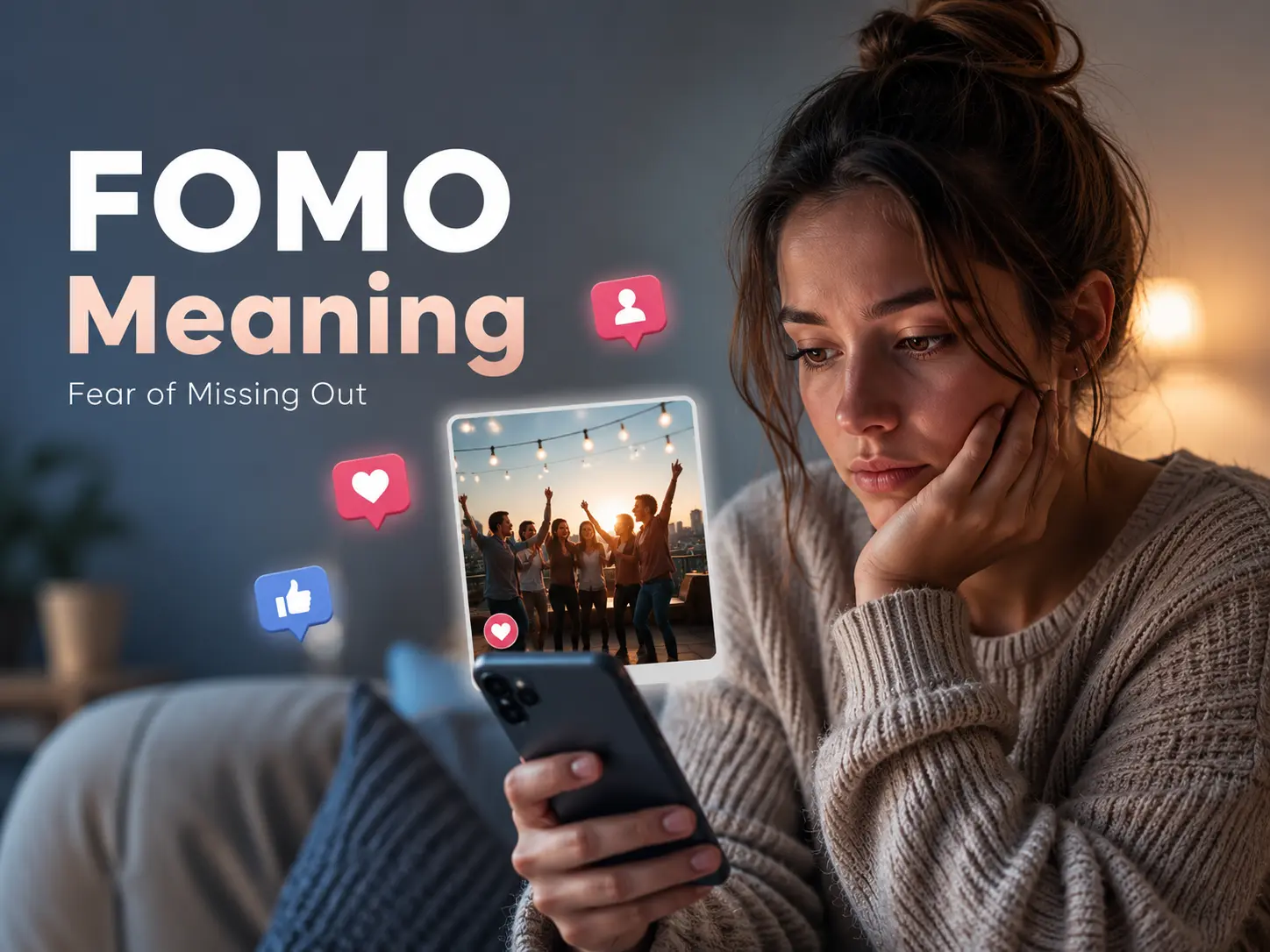 FOMO meaning illustration showing a woman viewing social media on her phone and feeling left out of a friends’ gathering.
