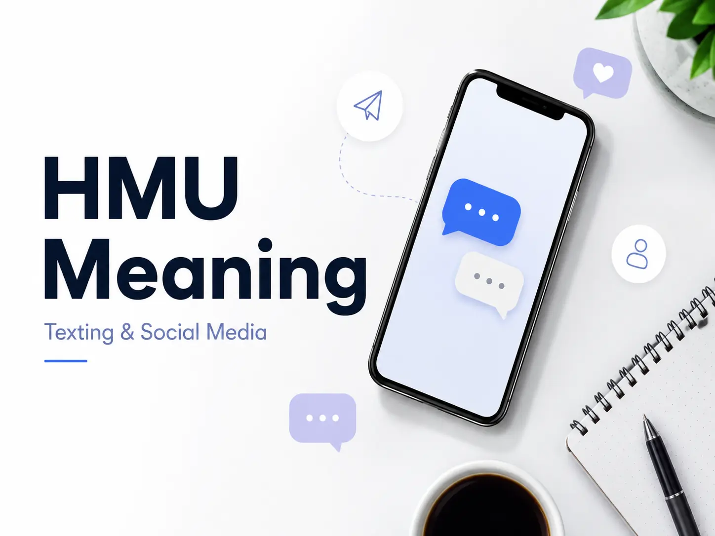 HMU meaning featured image with a smartphone, chat icons, and the text “Texting & Social Media.”