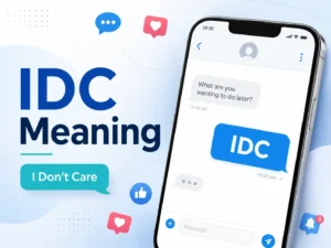 Featured image explaining IDC meaning in texting, showing “IDC Meaning” and “I Don’t Care” beside a smartphone chat conversation.