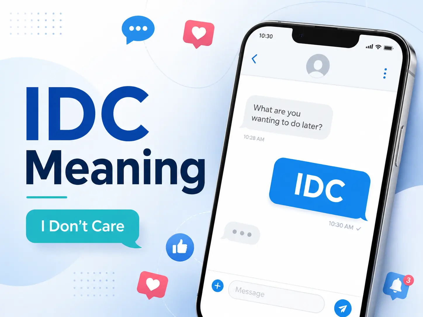 Featured image explaining IDC meaning in texting, showing “IDC Meaning” and “I Don’t Care” beside a smartphone chat conversation.