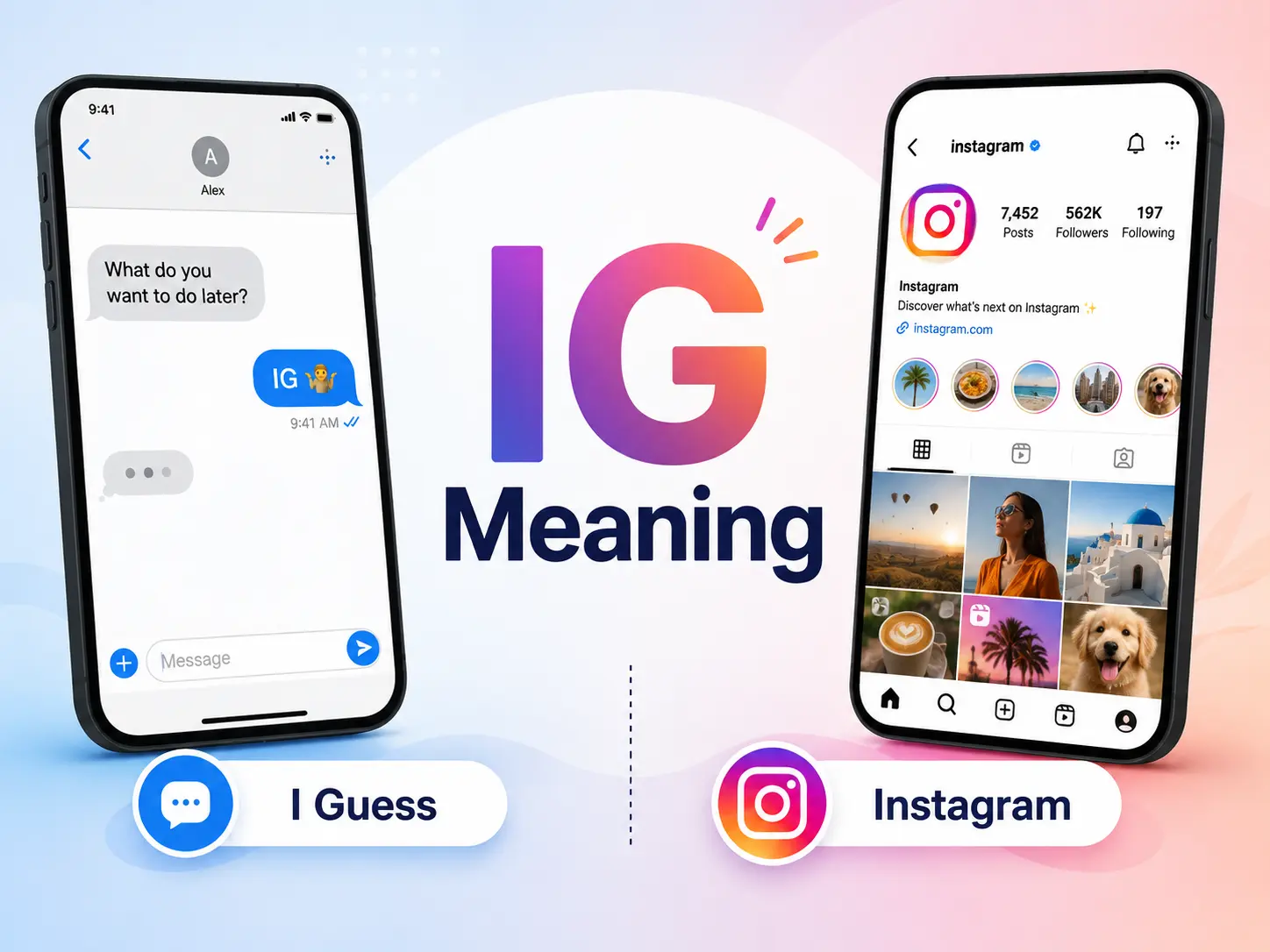 IG Meaning featured image showing “I Guess” in texting and Instagram as the two common meanings of IG.