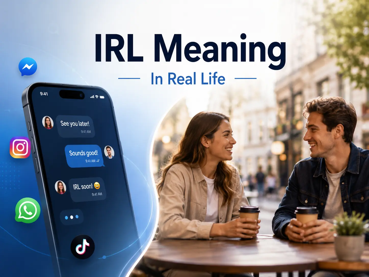IRL Meaning featured image showing online messaging on a smartphone and two people meeting in real life at a café.