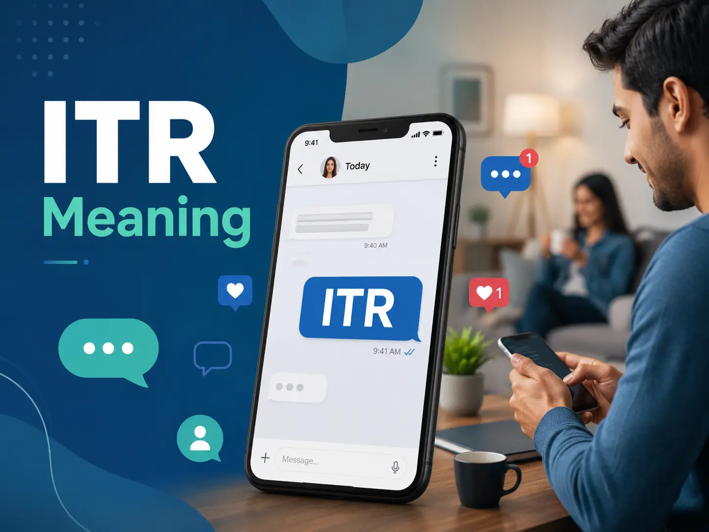 ITR Meaning featured image showing a smartphone chat with “ITR” highlighted, surrounded by messaging icons and people using phones.