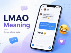 Featured image for LMAO meaning showing a smartphone chat with “LMAO 😂,” a laughing emoji, and texting and social media graphics.